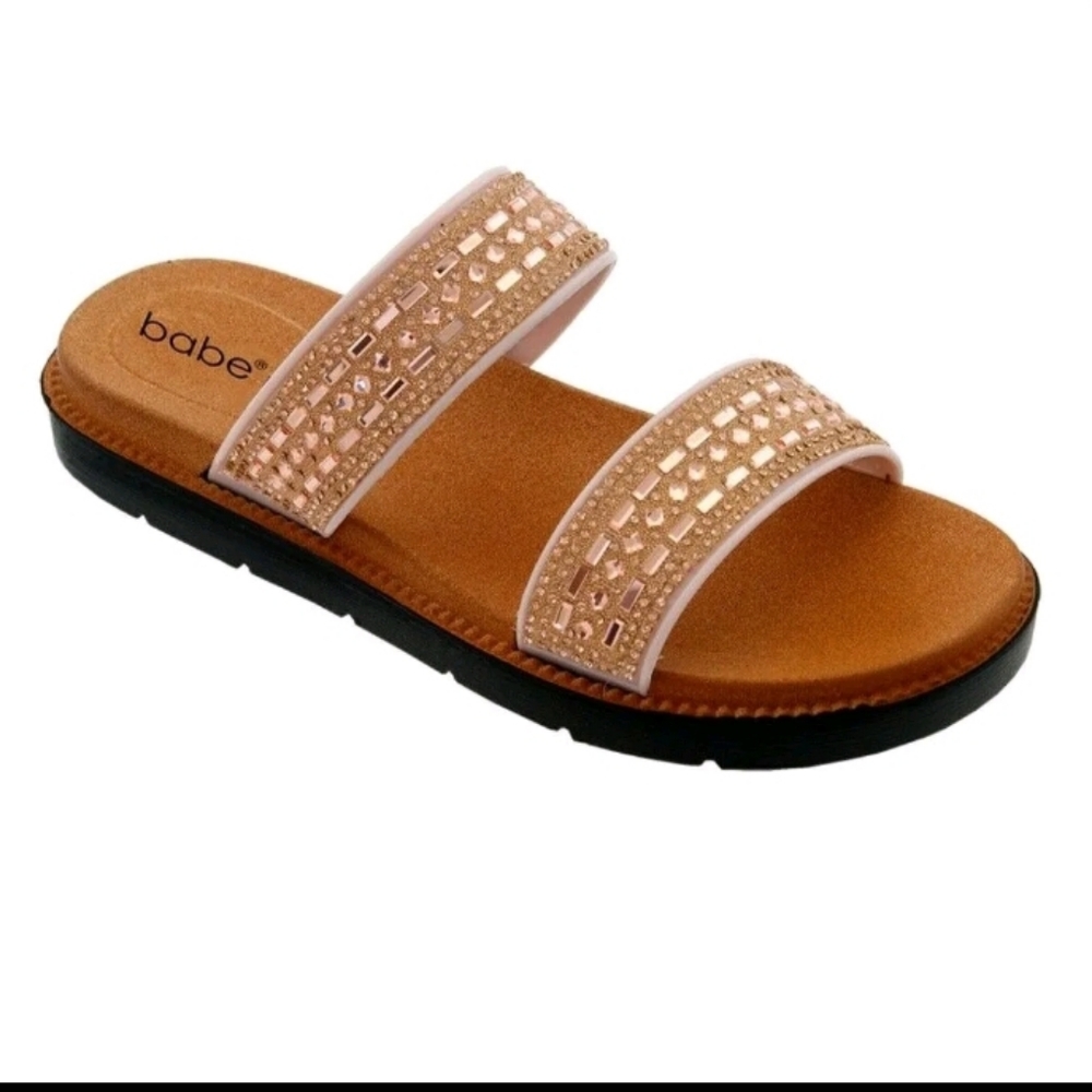 Women's Rhinestone Embellished Dual Strap Slip On Sandals Size 8
